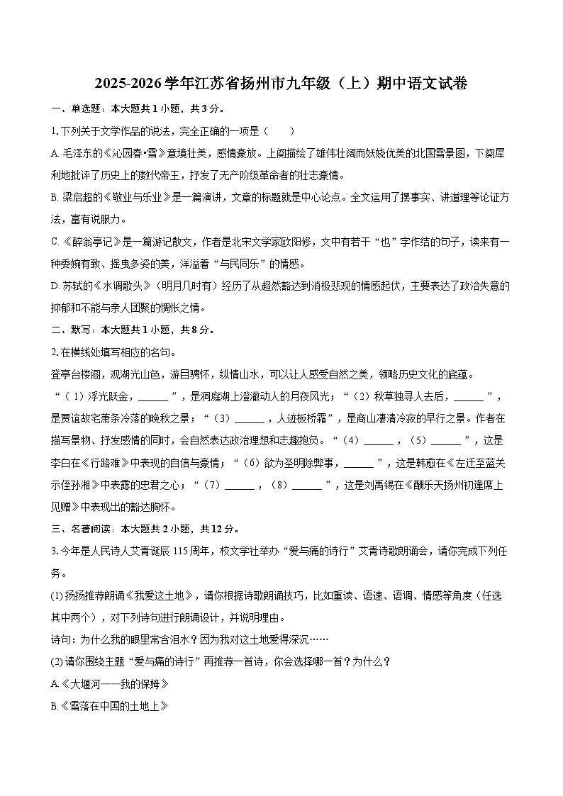 2025-2026学年江苏省扬州市九年级（上）期中语文试卷-自定义类型第1页
