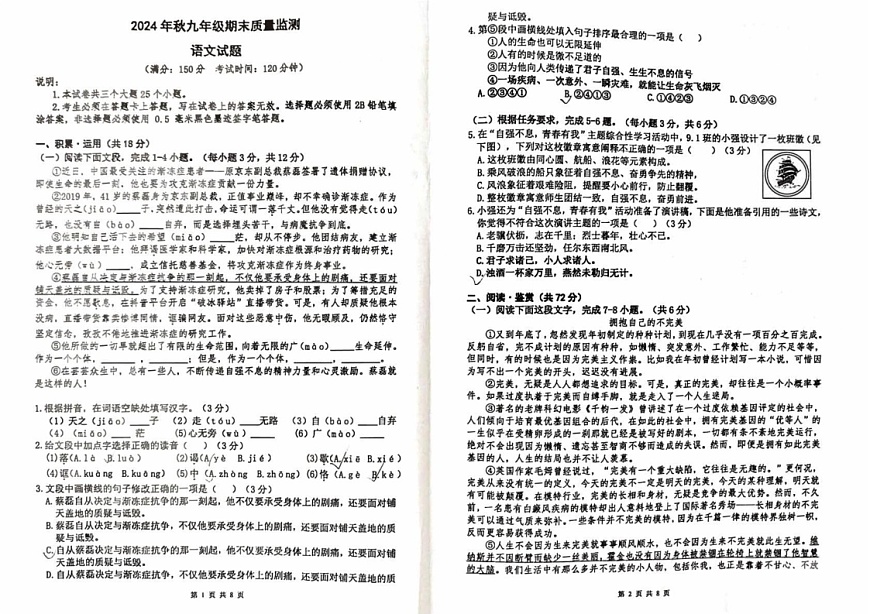 四川省广元市苍溪县2024—2025学年九年级上学期期末考试语文试题第1页