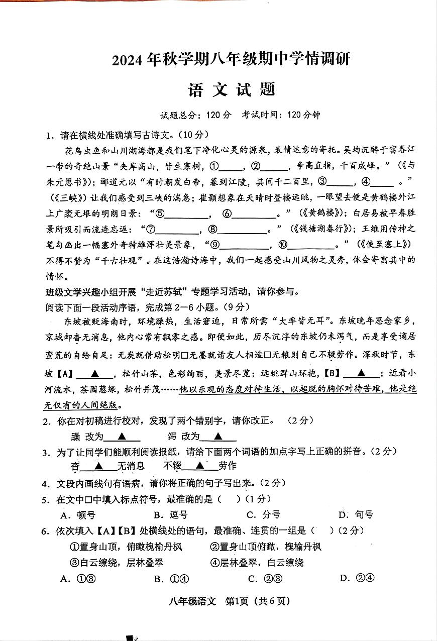 江苏省盐城市阜宁县2024-2025学年八年级上学期11月期中考试语文试题第1页