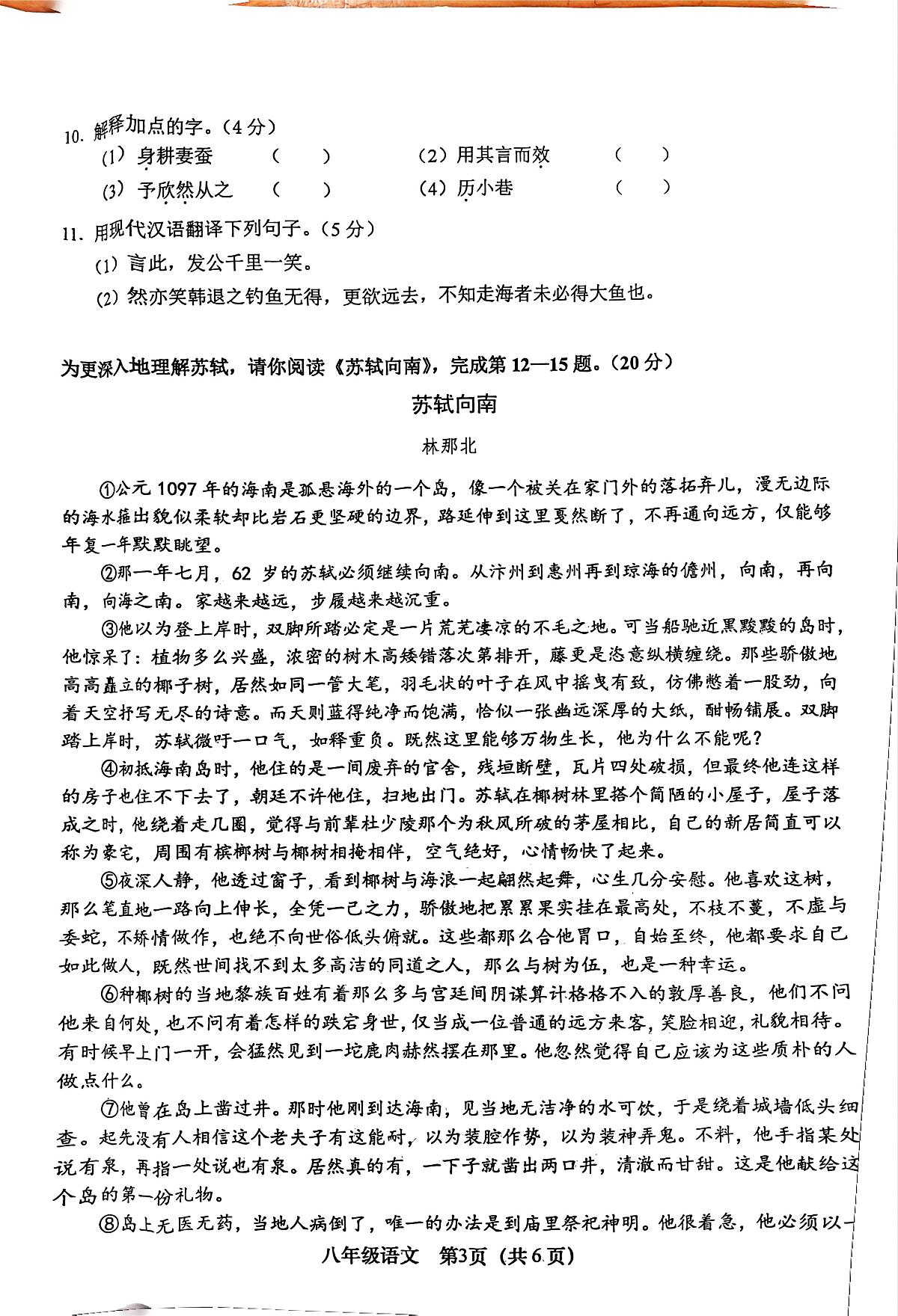 江苏省盐城市阜宁县2024-2025学年八年级上学期11月期中考试语文试题第3页