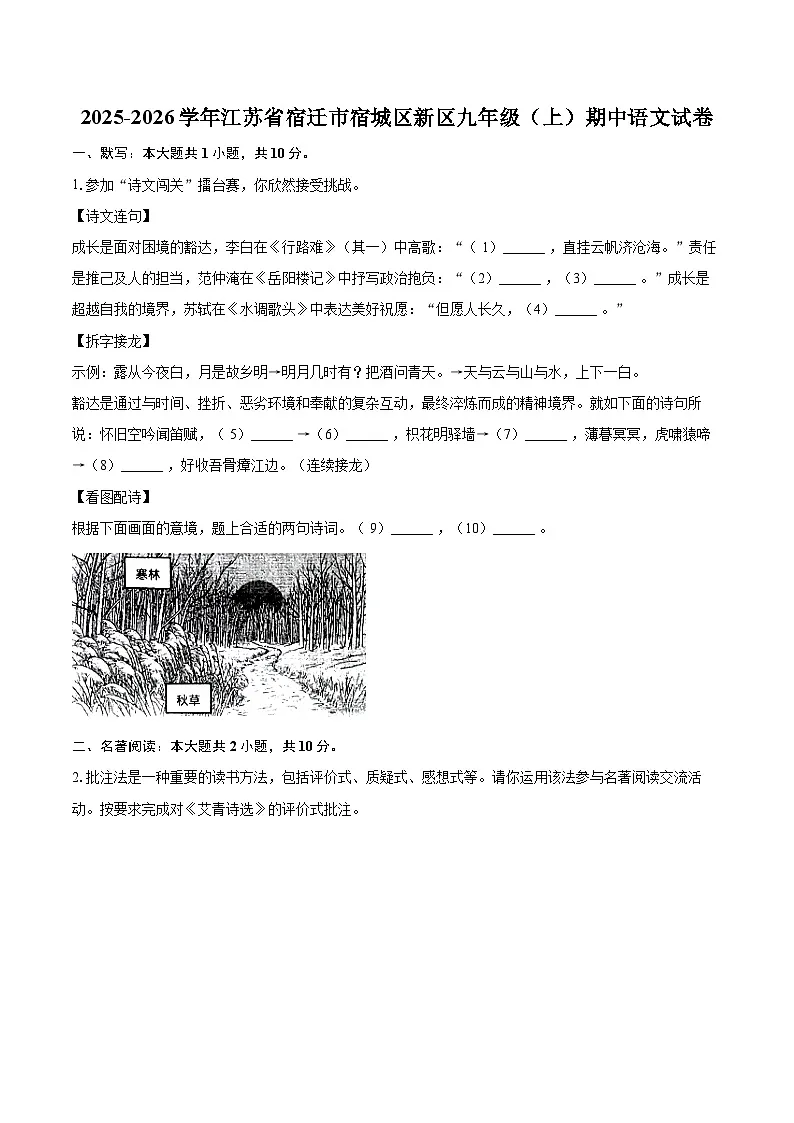 2025-2026学年江苏省宿迁市宿城区新区九年级（上）期中语文试卷-自定义类型第1页