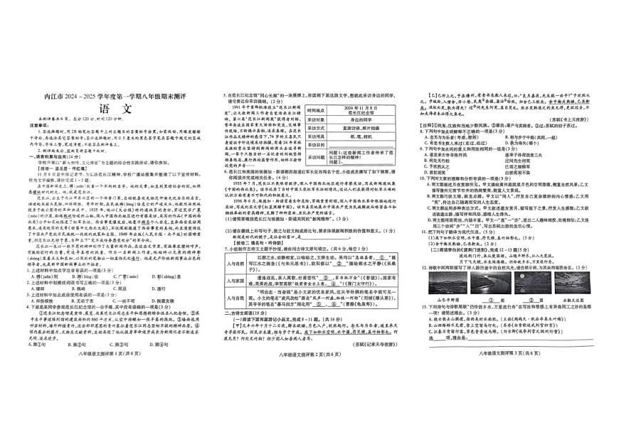 四川省内江市第六中学2024-2025学年八年级上学期期末考试语文试题第1页