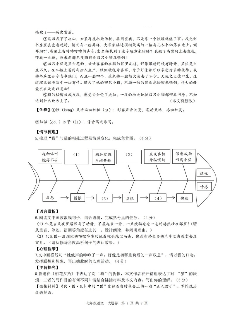 浙江省杭州市钱塘区2024-2025学年七年级上学期期末考试语文试卷第3页