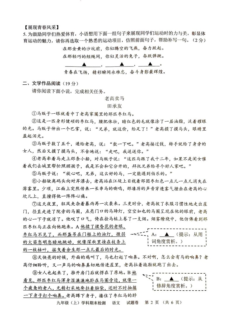 浙江省嘉兴市2024-2025学年九年级上学期1月期末语文试题第2页