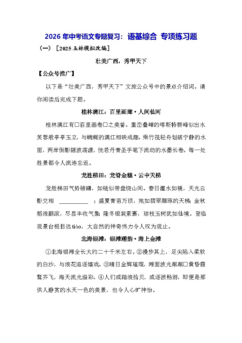 2026年中考语文专题复习：语基综合 专项练习题（含答案）第1页