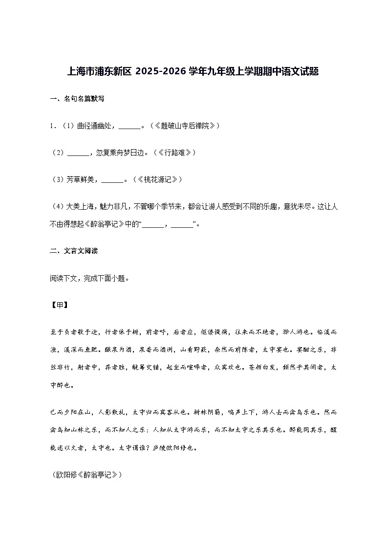 上海市浦东新区2025_2026学年九年级上学期期中语文试卷第1页