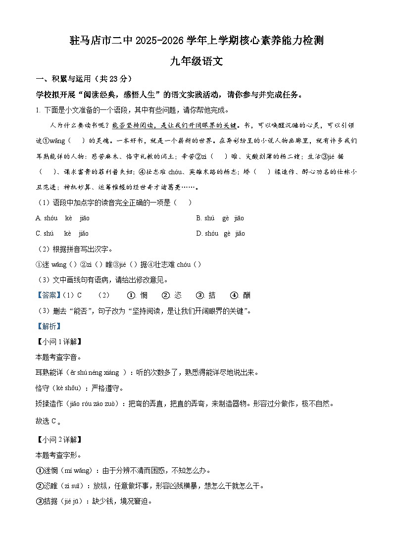 河南省驻马店市驿城区第二初级中学2025-2026学年九年级上学期期中语文试题（含答案）（解析版）第1页