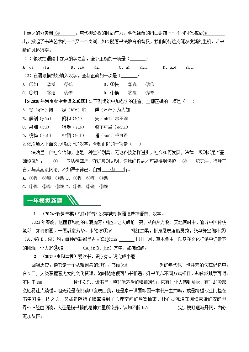 专题01 字音字形-【好题汇编】 5年（2020-2024）中考1年模拟语文真题分类汇编（河南专用）（原卷版）第2页