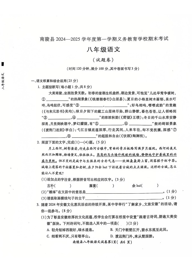 安徽省芜湖市南陵县2024-2025学年八年级上学期1月期末语文试题第1页