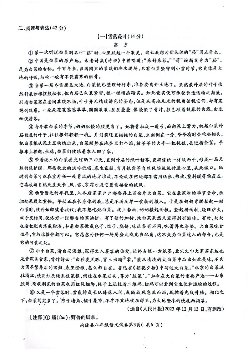安徽省芜湖市南陵县2024-2025学年八年级上学期1月期末语文试题第3页