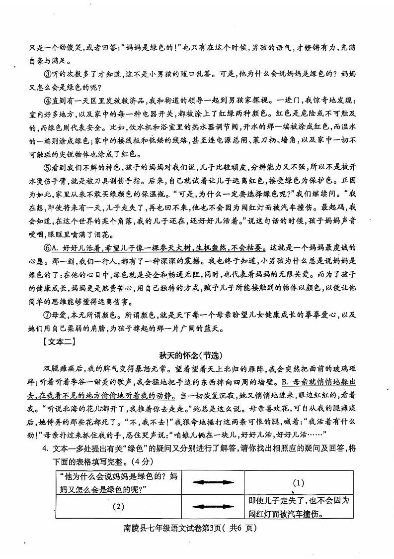 安徽省芜湖市南陵县2024-2025学年七年级上学期1月期末语文试题第3页