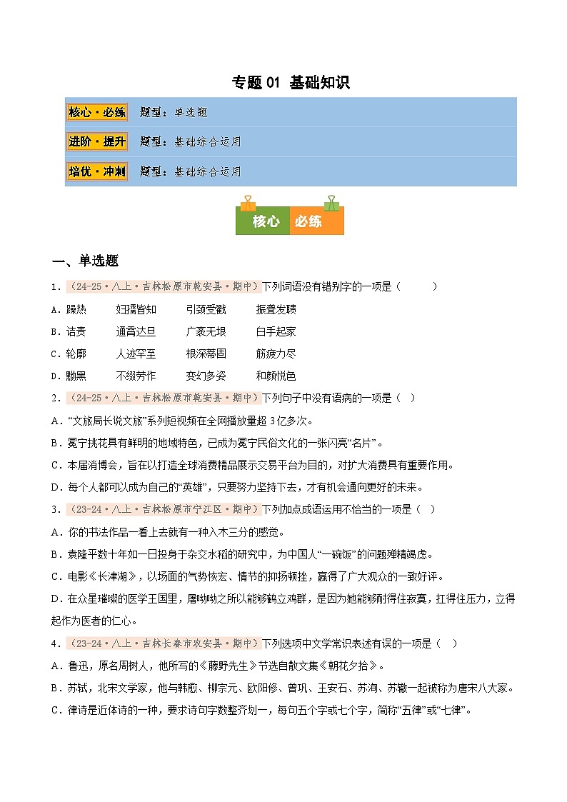 专题01 基础知识专项训练卷（期中复习）初中语文人教版（2024）八年级上册（原卷版）第1页