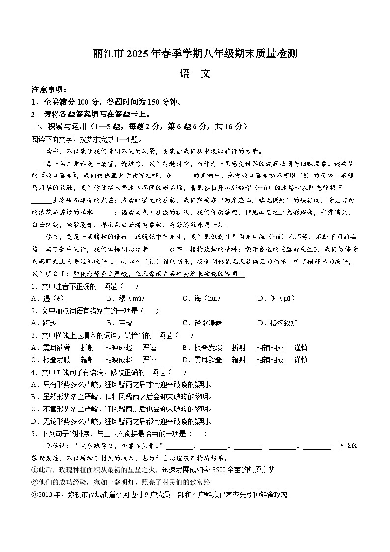 云南省丽江市2024-2025学年八年级下学期期末语文试题(无答案)第1页