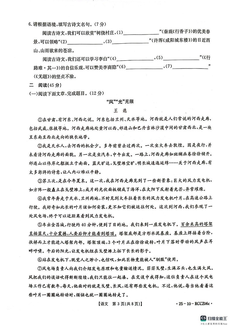 甘肃省庆阳市2024-2025学年九年级上学期语文期末试卷第3页