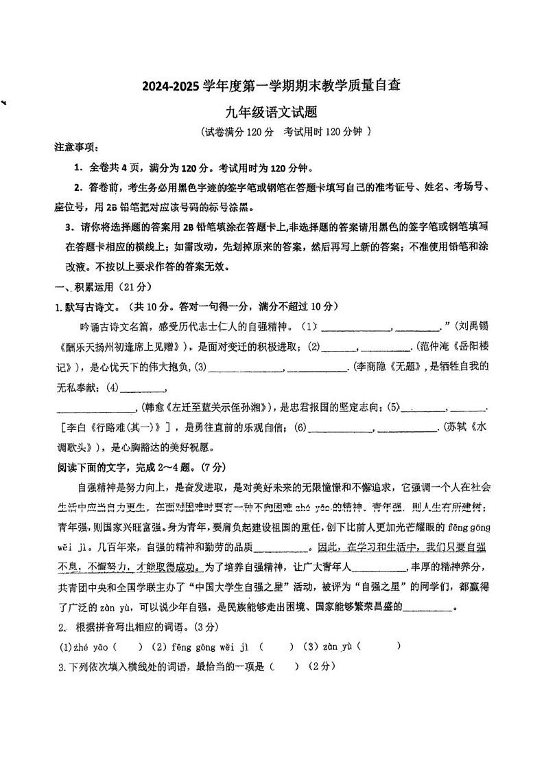 广东省东莞市松山湖莞美学校2024-2025学年九年级上学期期末考试语文试题第1页