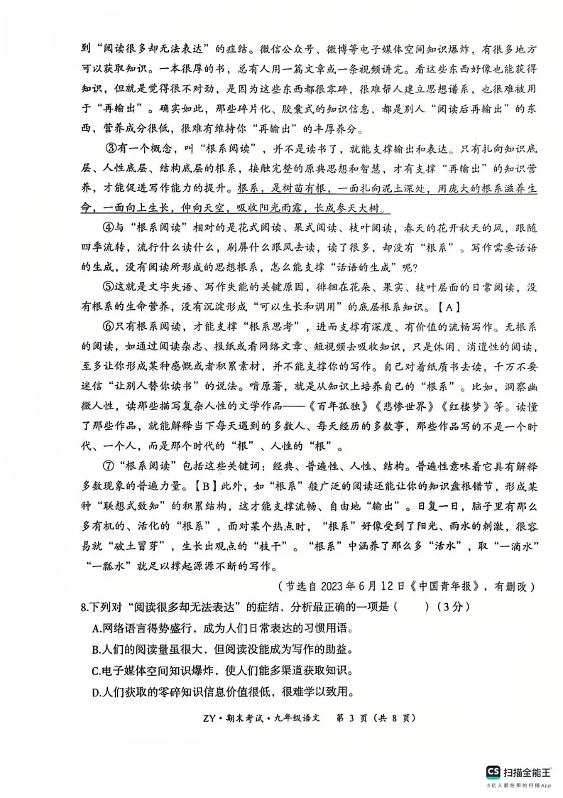 贵州省遵义市汇川区校联考2024-2025学年九年级上学期12月期末语文试题第3页