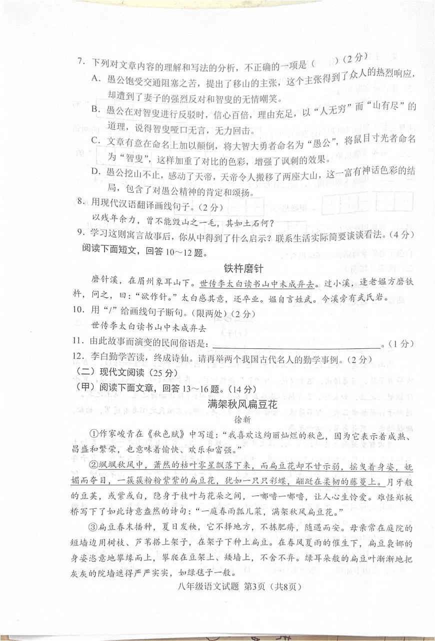 吉林省蛟河市2024-2025学年八年级上学期期末考试语文试题第3页