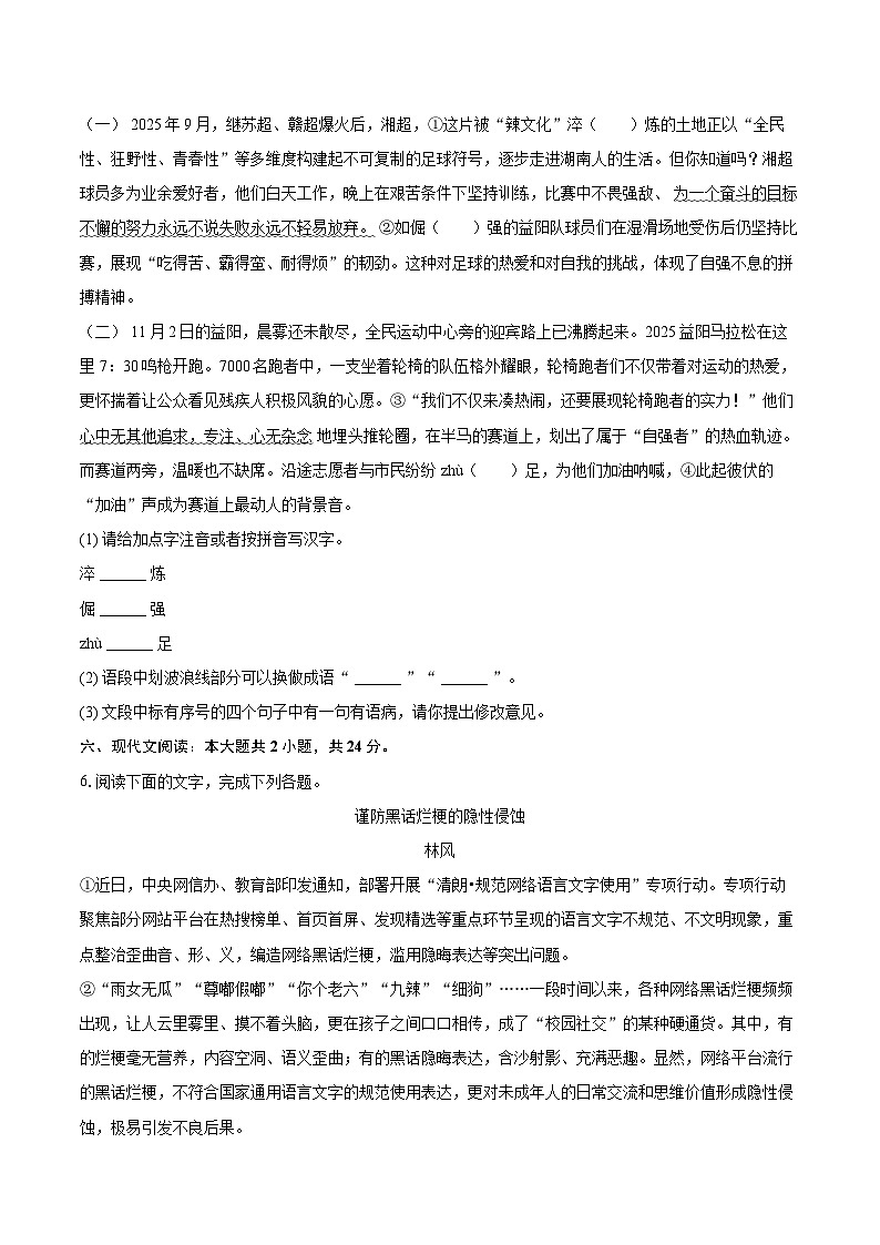 2025-2026学年湖南省益阳市九年级（上）期中语文试卷-自定义类型第3页