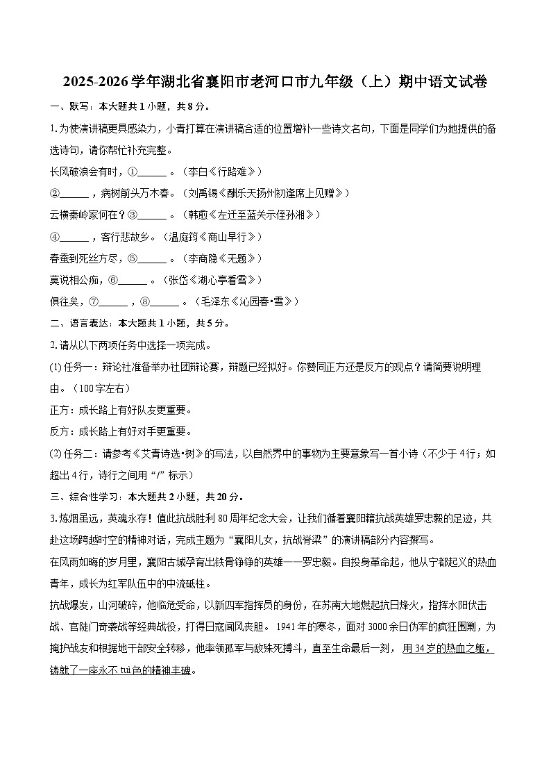 2025-2026学年湖北省襄阳市老河口市九年级（上）期中语文试卷-自定义类型第1页