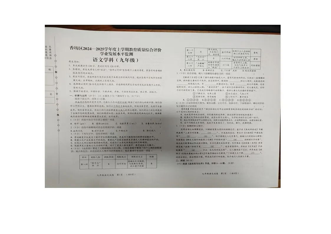 黑龙江省哈尔滨市香坊区2024-2025学年九年级上学期期末考试语文试题第1页