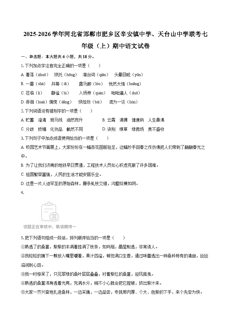 2025-2026学年河北省邯郸市肥乡区辛安镇中学、天台山中学联考七年级（上）期中语文试卷-自定义类型第1页