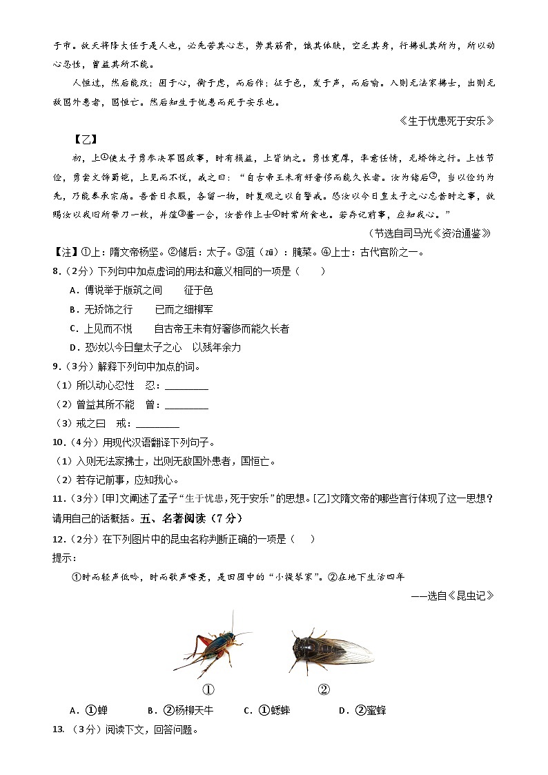 八年级语文月考卷【测试范围：下册第1~2单元】（考试版）-A4第3页