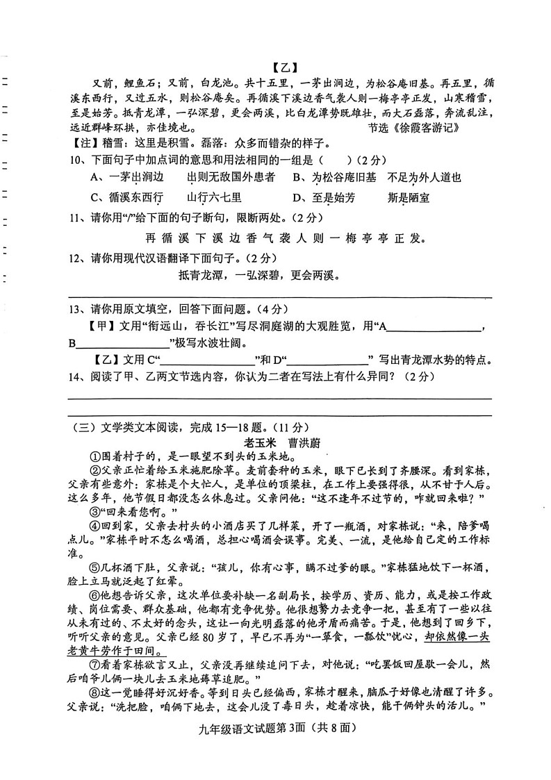 湖北省襄阳市南漳县2024-2025学年九年级上学期期末考试语文试题第3页