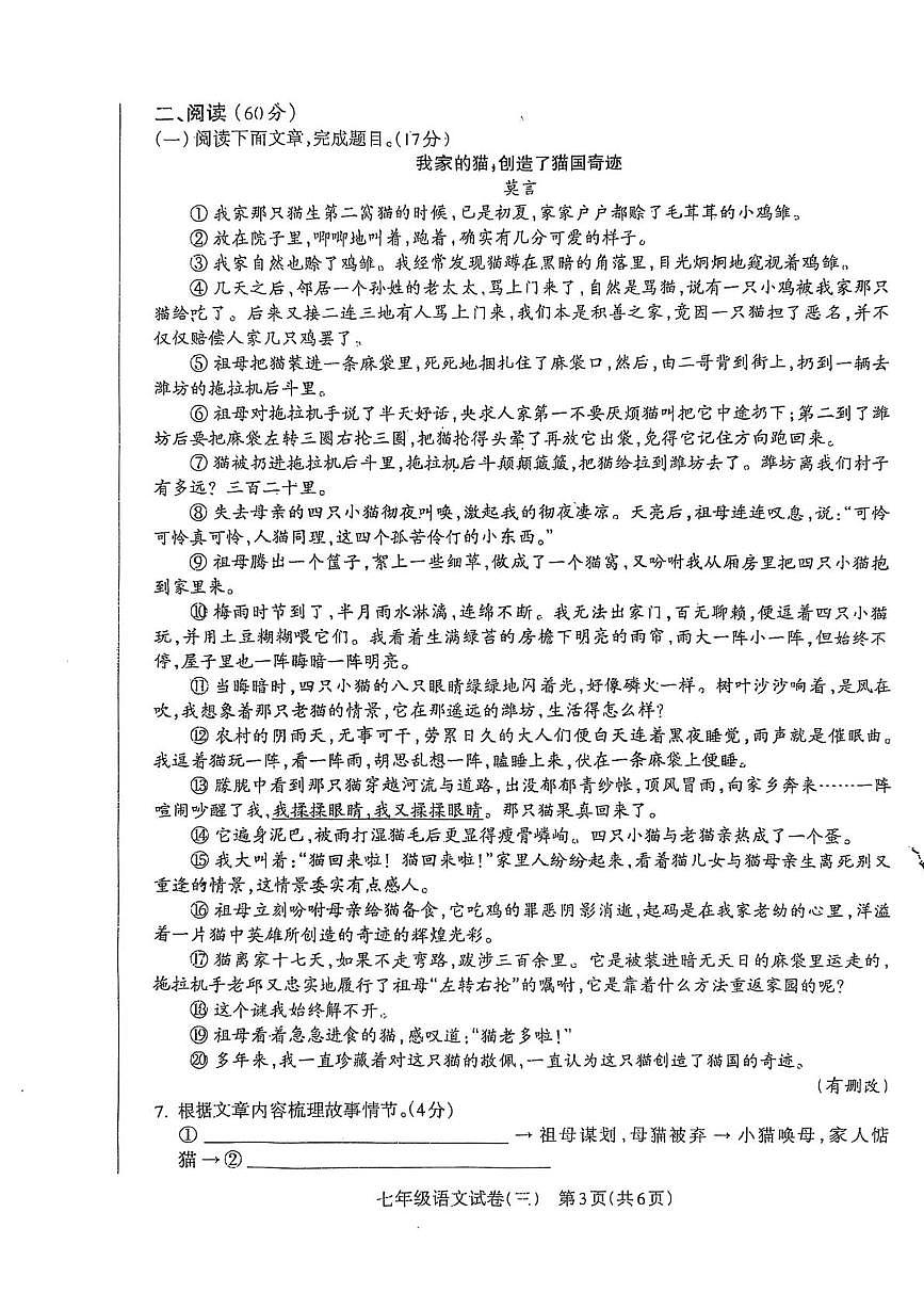 甘肃省成县城关中学2025-2026学年七年级上学期12月第三次月考试语文试题第3页