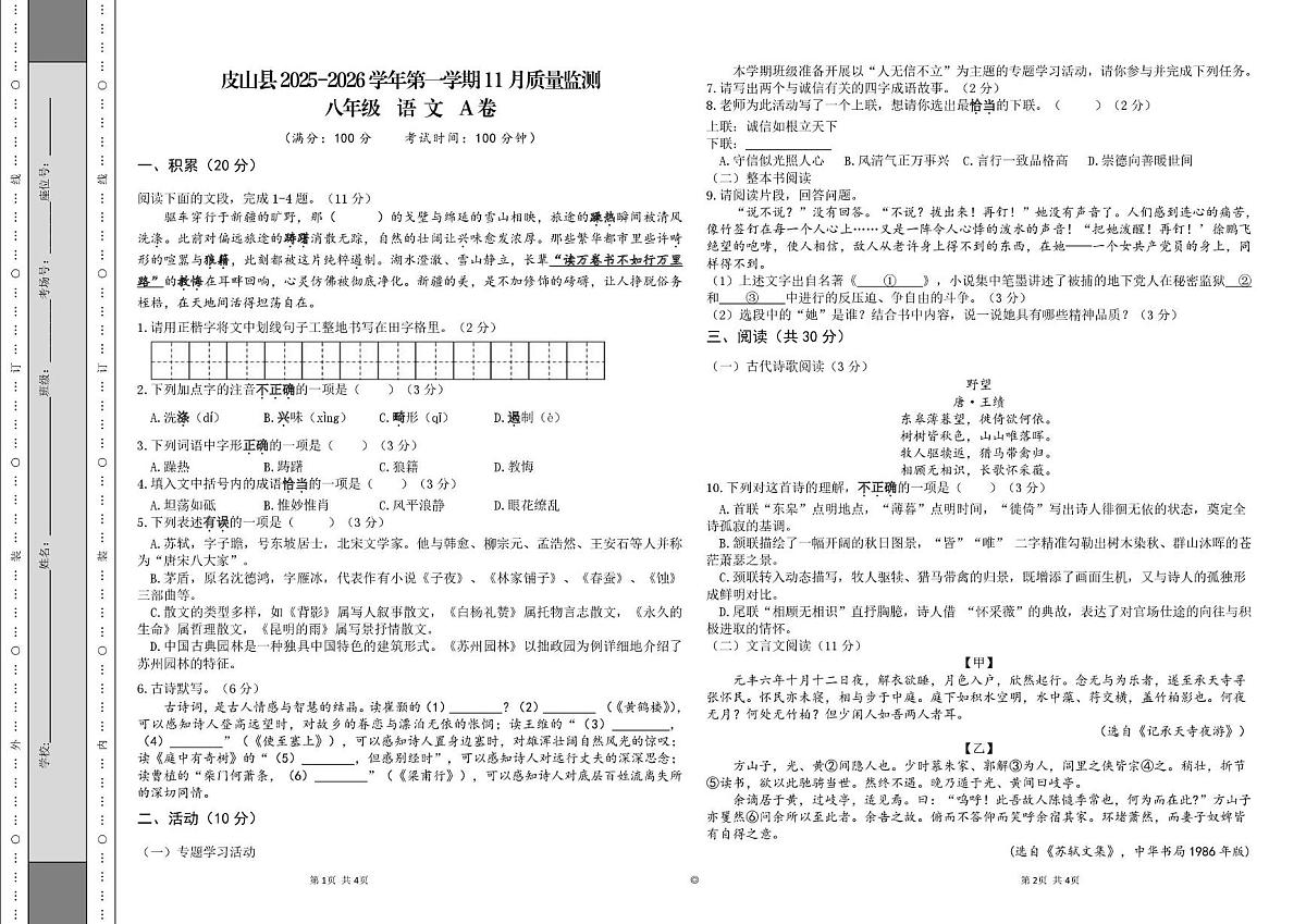 新疆维吾尔自治区和田地区皮山县2025-2026学年八年级上学期11月月考语文试题A卷第1页