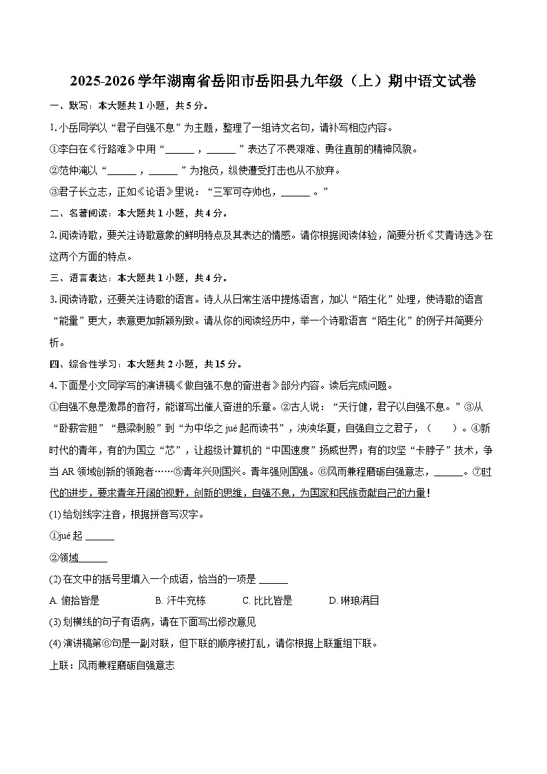 2025-2026学年湖南省岳阳市岳阳县九年级（上）期中语文试卷-自定义类型第1页