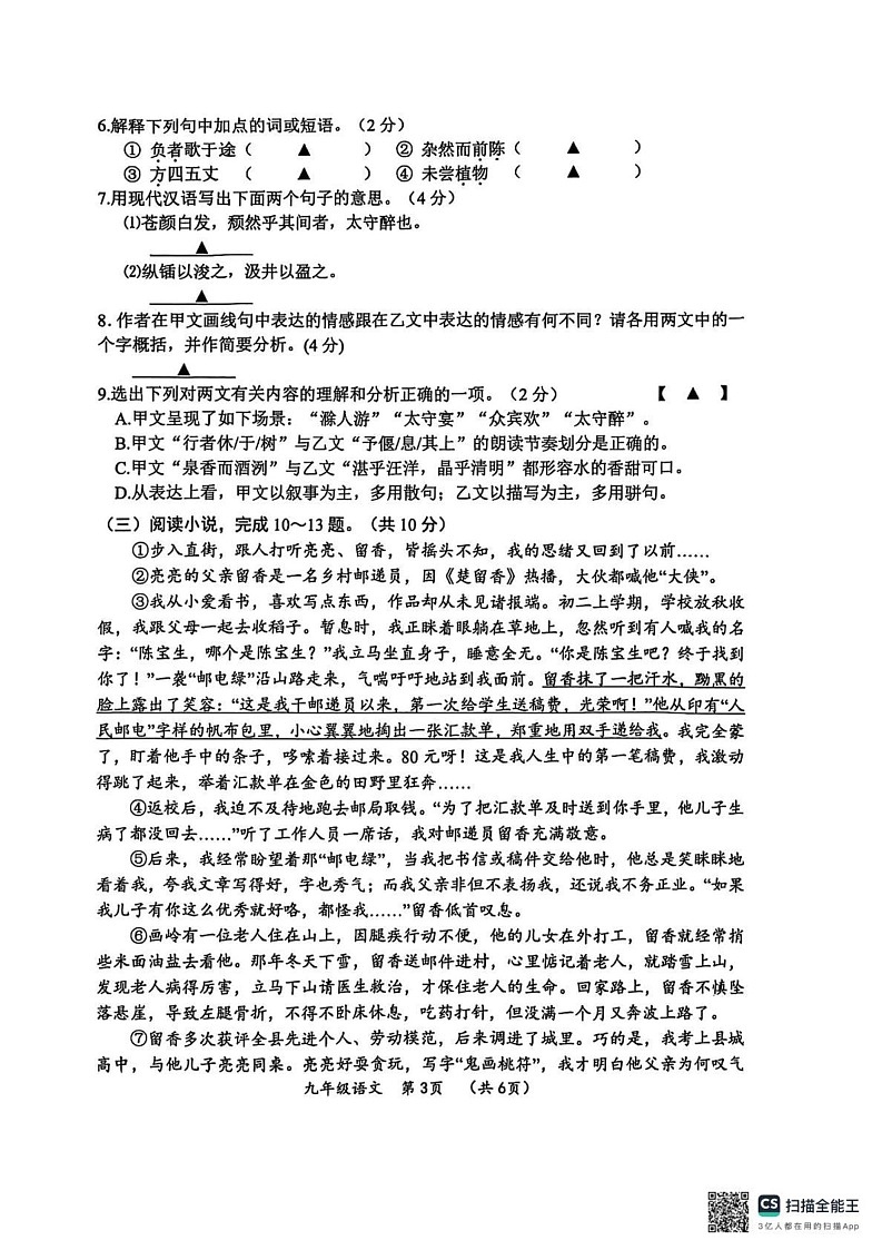 江苏省常州市2024-2025学年九年级上学期语文期末检测卷第3页