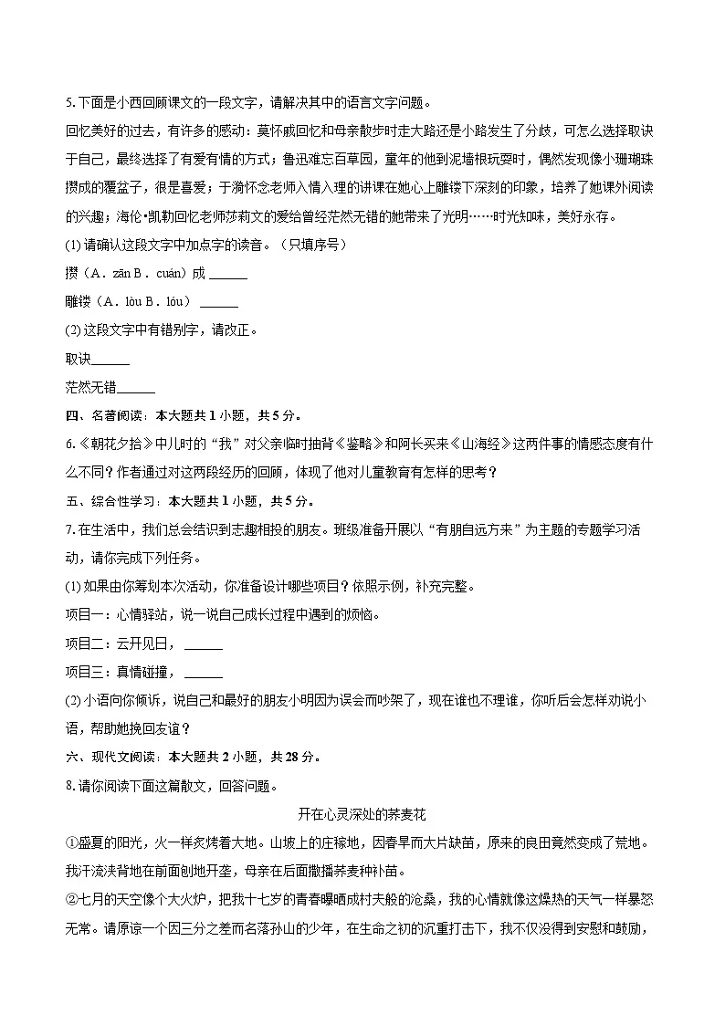 2025-2026学年河南省驻马店十中七年级（上）期中语文试卷-自定义类型第2页