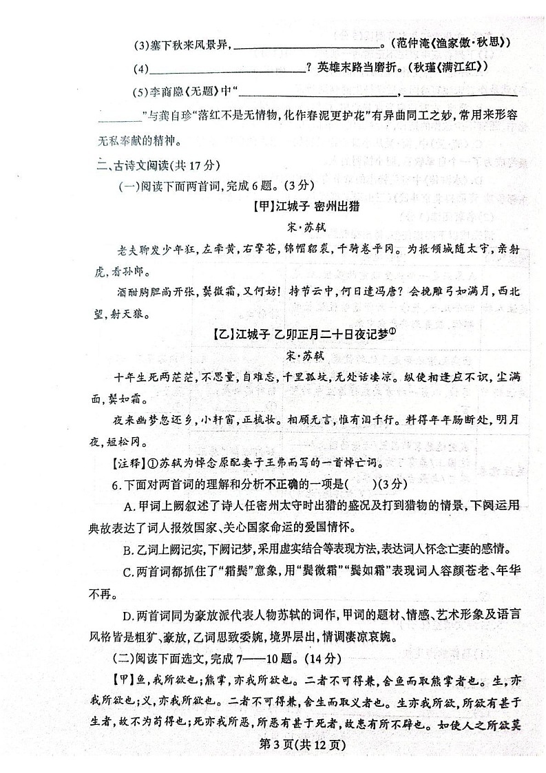 辽宁省丹东市凤城市2024-2025学年九年级上学期1月期末考试语文试题第3页