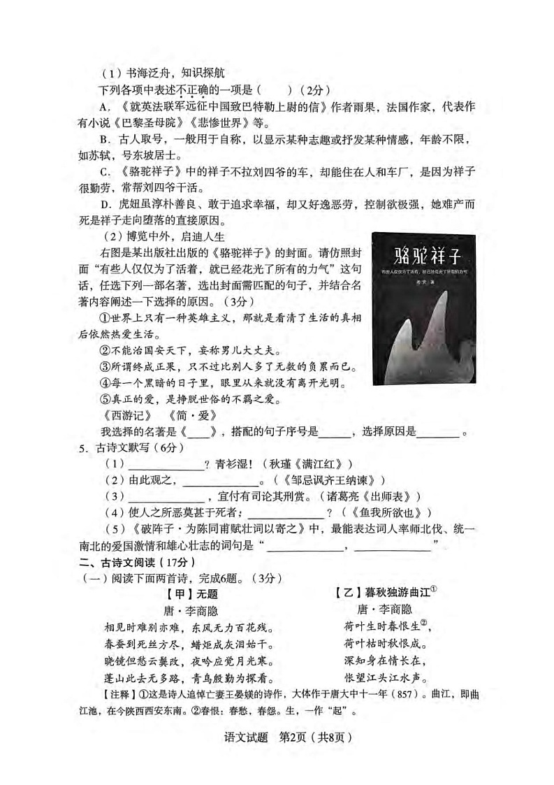 辽宁省沈阳市沈河区2024-2025学年九年级上学期期末考试语文试卷第2页