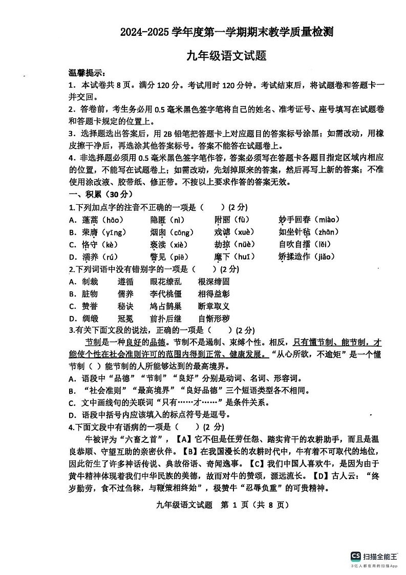 山东省滨州市惠民县2024-2025学年九年级上学期1月期末语文试题第1页