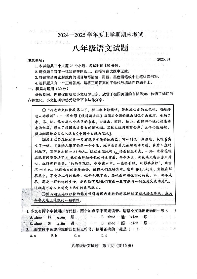 山东省泰安市肥城市2024-2025学年八年级上学期1月期末考试语文试题第1页
