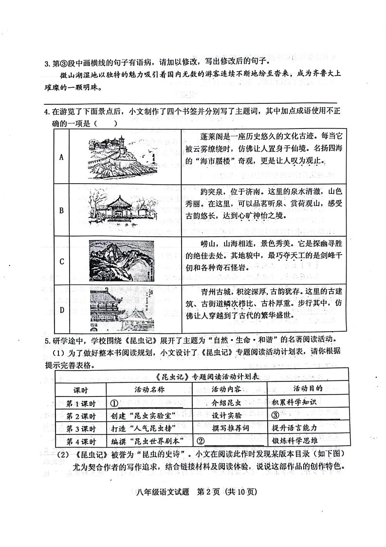 山东省泰安市肥城市2024-2025学年八年级上学期1月期末考试语文试题第2页