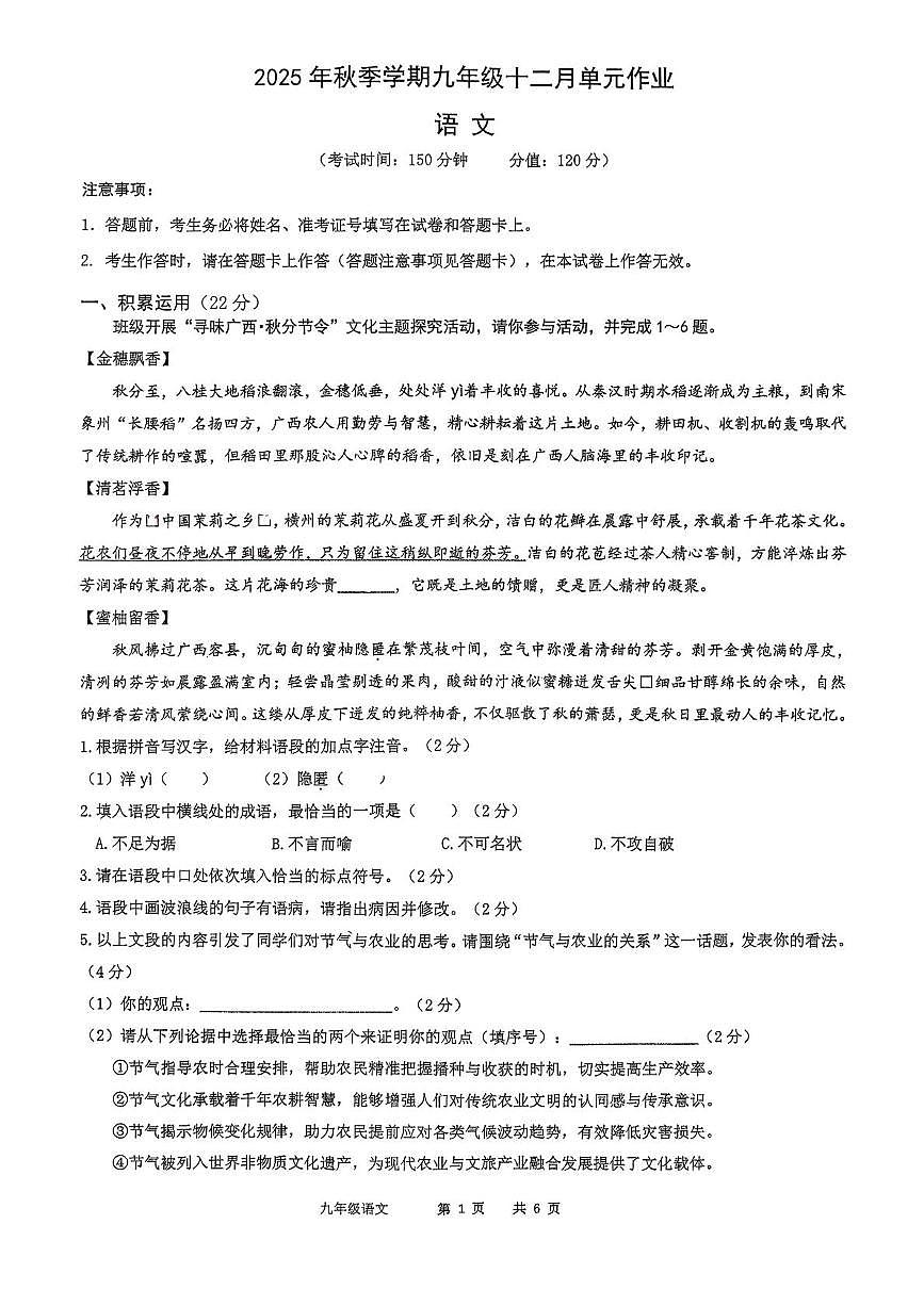 广西壮族自治区南宁市青秀区南宁市天桃实验学校2025-2026学年九年级上学期12月月考语文试题第1页