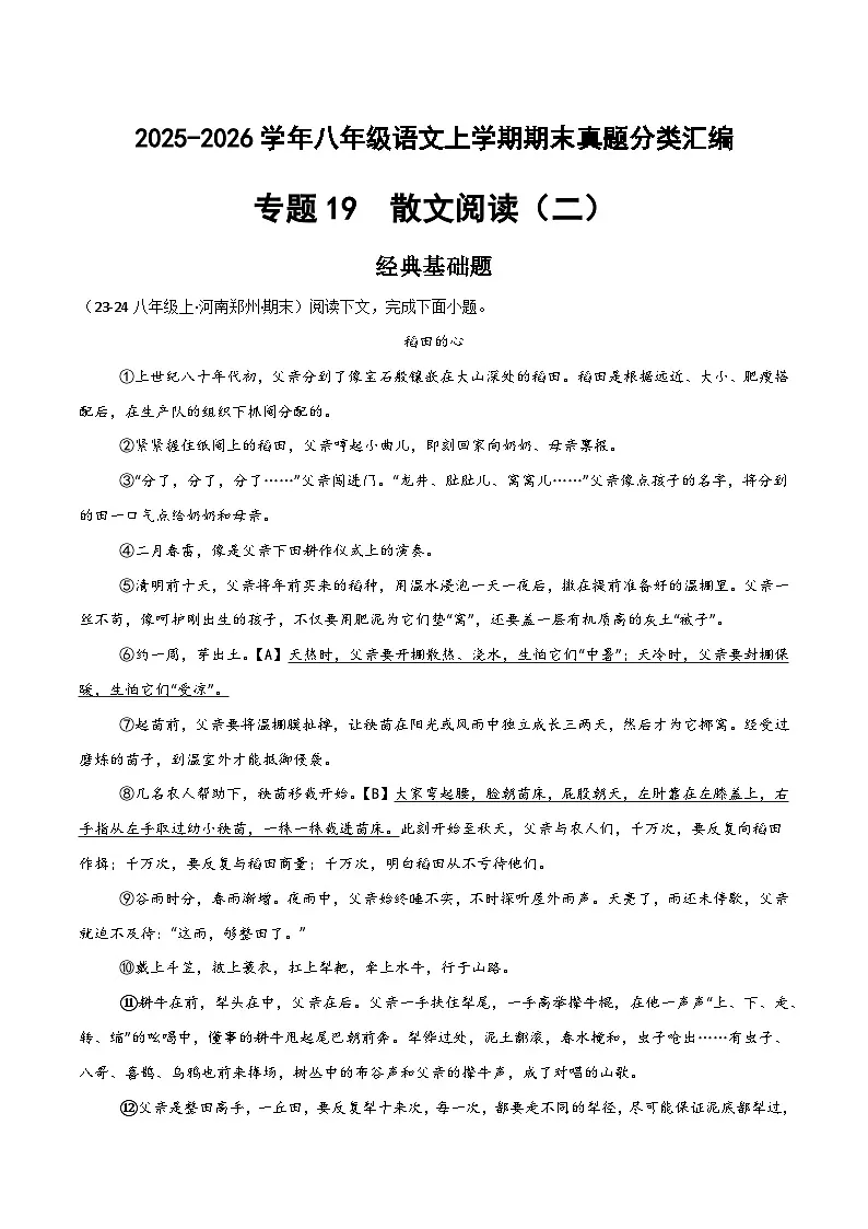 专题19 散文阅读（二）（原卷+答案）2025-2026学年八年级语文上学期期末真题分类汇编第1页