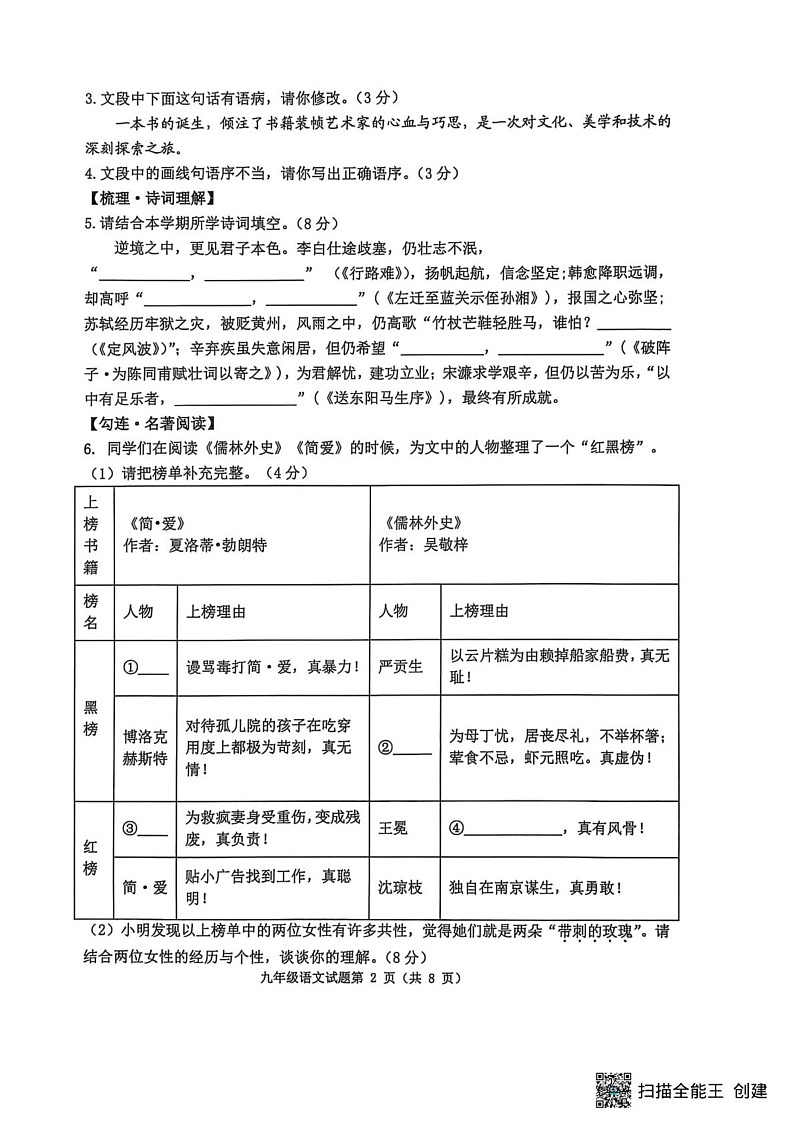 山东省淄博市高青县2024-2025学年九年级上学期1月期末语文试题第2页