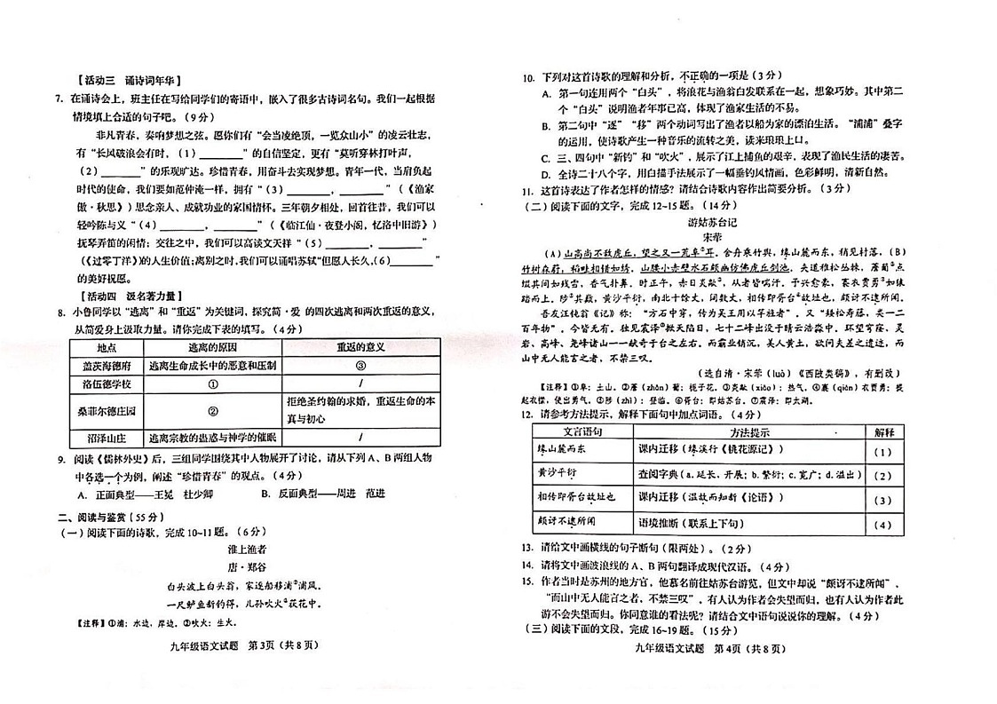 山东省淄博市淄川区2024-2025学年九年级上学期期末语文试卷第2页