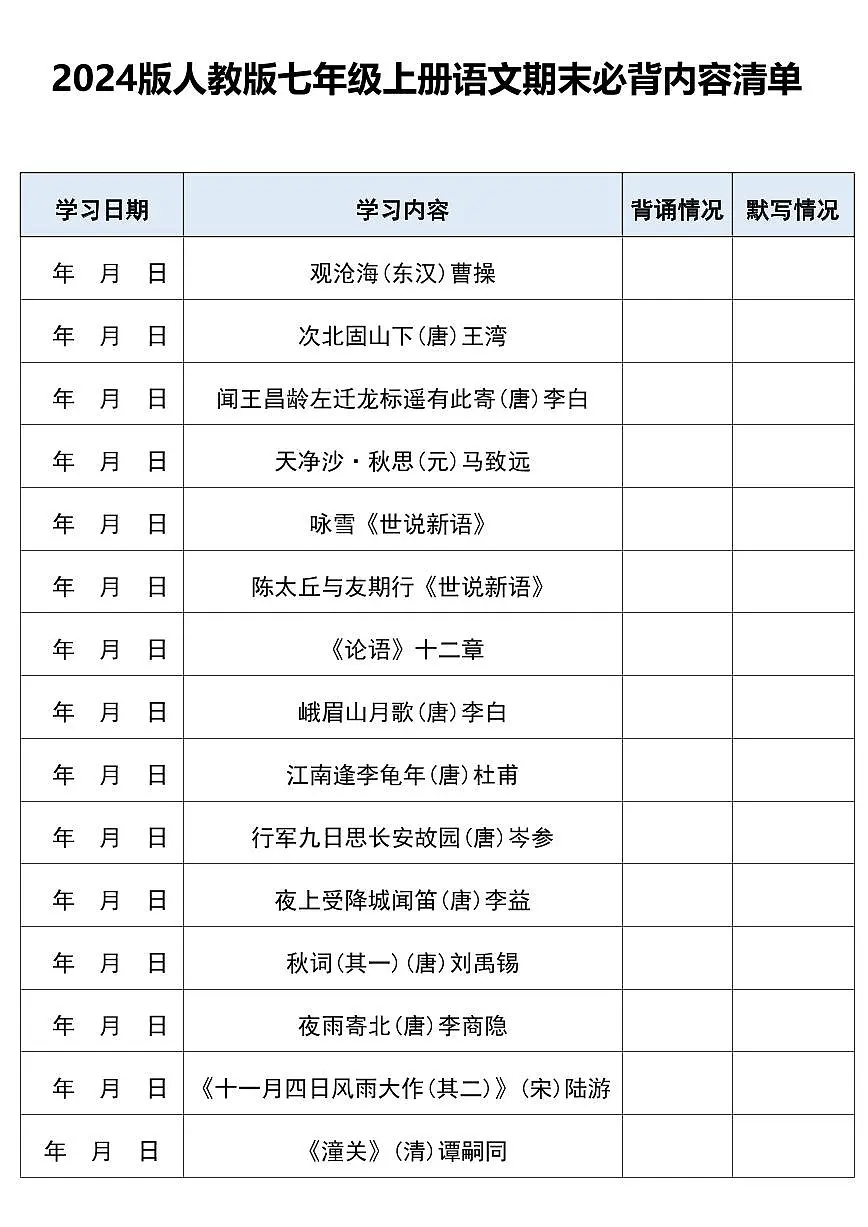 2024版人教版七年级上册语文期末知识点必背内容清单第1页
