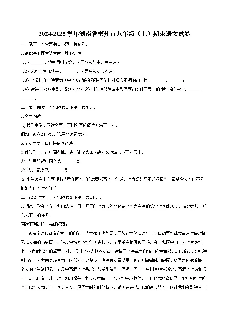 2024-2025学年湖南省郴州市八年级（上）期末语文试卷-自定义类型第1页