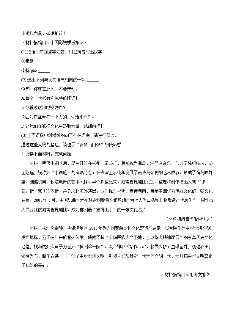 2024-2025学年湖南省郴州市八年级（上）期末语文试卷-自定义类型第2页