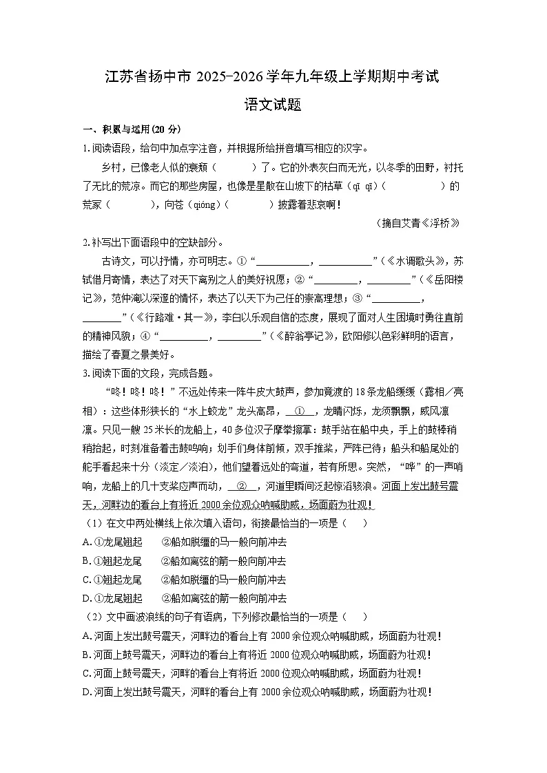 江苏省扬中市2025-2026学年九年级上学期期中考试语文试卷（学生版）第1页