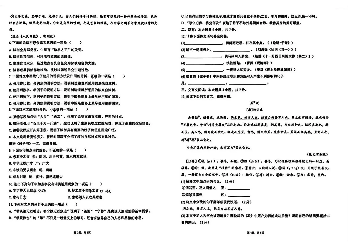 天津市第十九中学2025-2026学年七年级上学期12月月考语文试题第2页