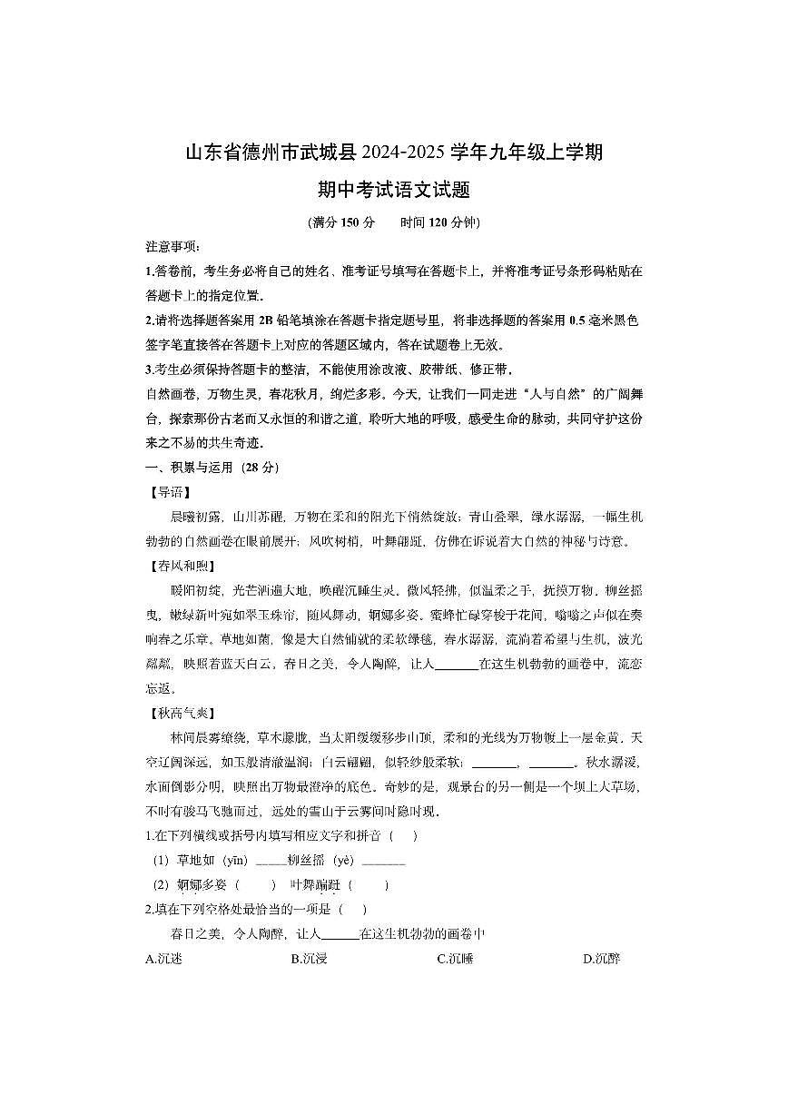 山东省德州市武城县2024-2025学年九年级上学期期中考试语文试卷（学生版）第1页