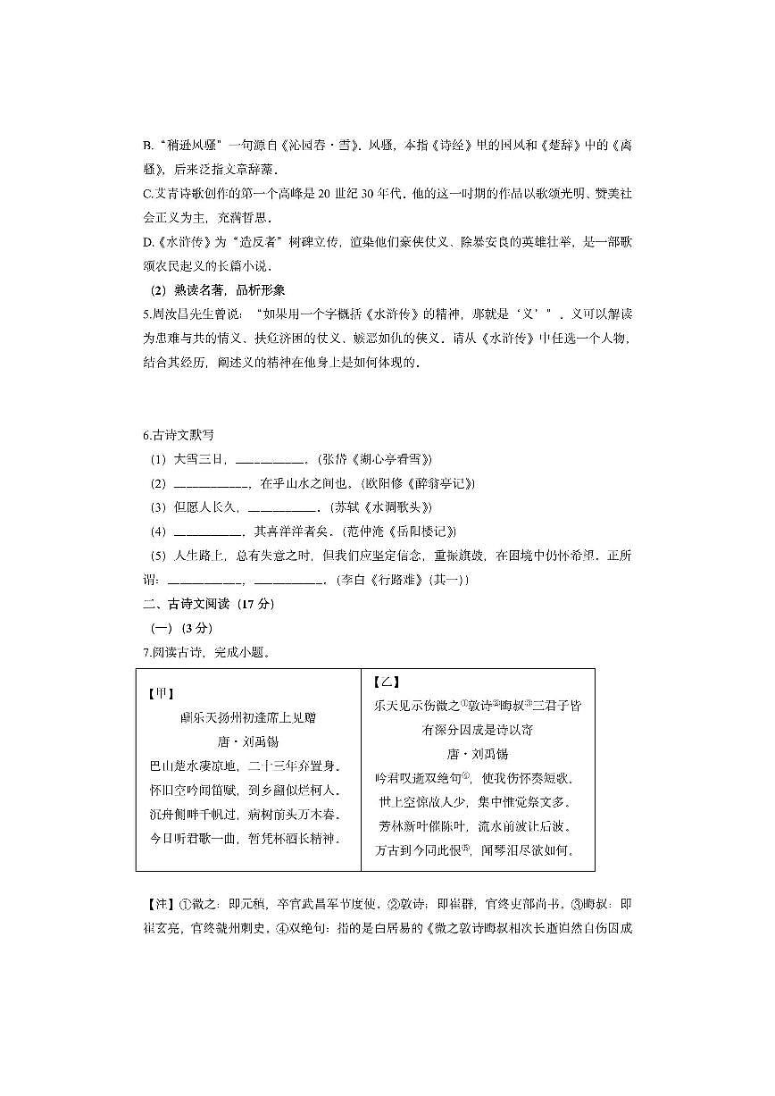 辽宁省大连市金普新区2024-2025学年九年级上学期期中考试语文试卷（学生版）第2页