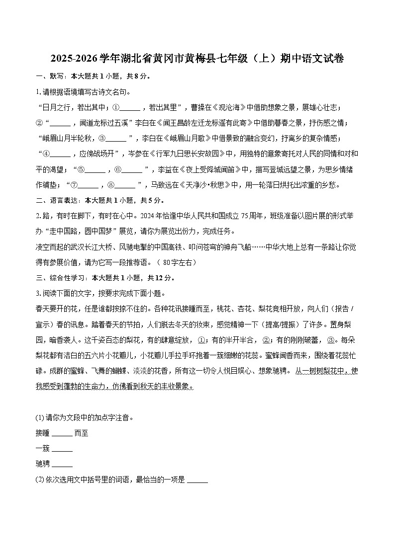 2025-2026学年湖北省黄冈市黄梅县七年级（上）期中语文试卷-自定义类型第1页