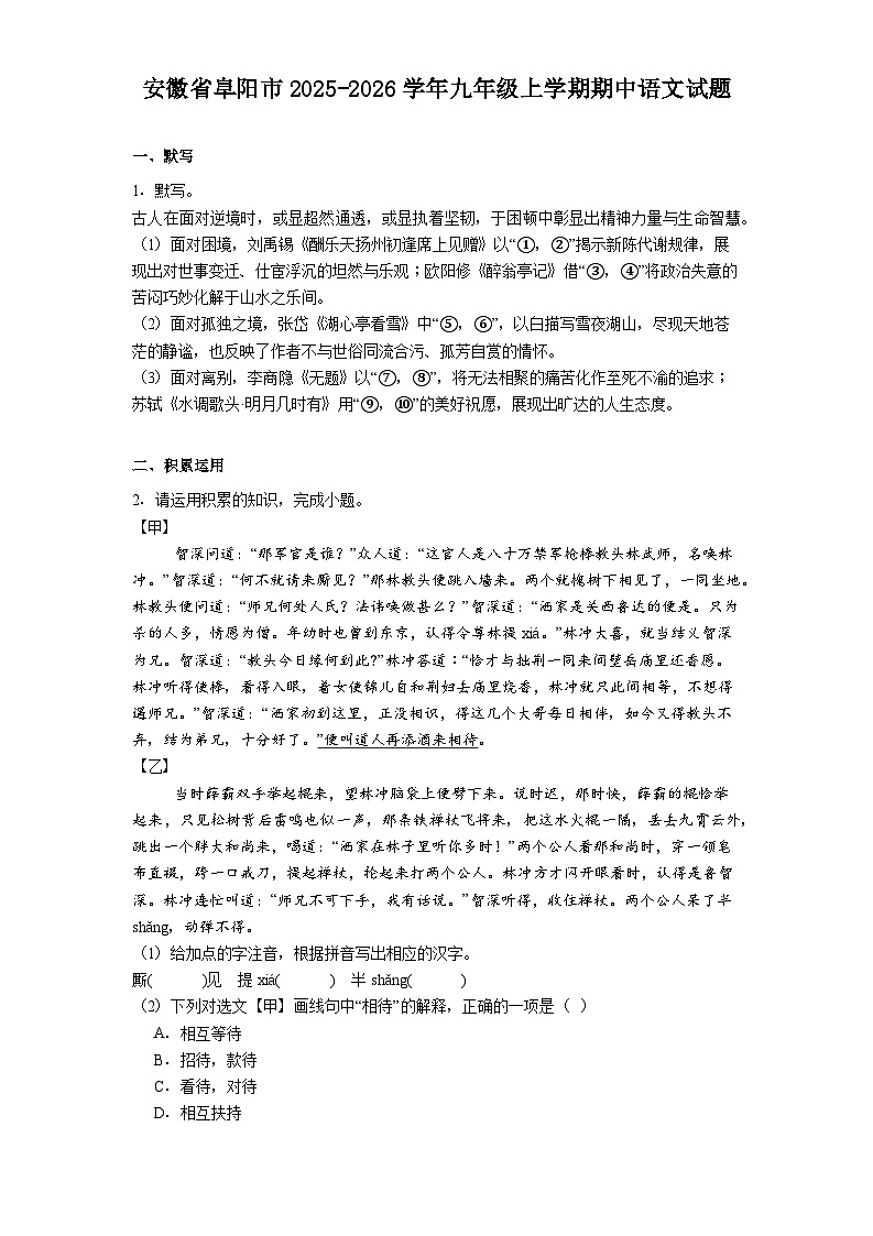 安徽省阜阳市2025-2026学年九年级上学期期中语文试题（含答案）第1页